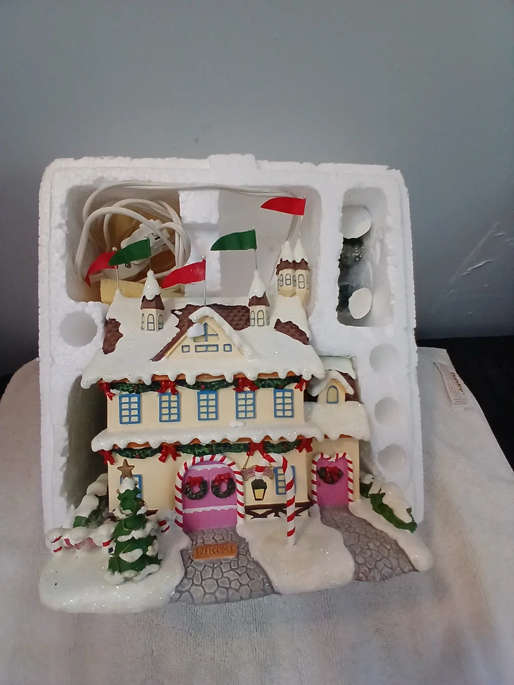Holiday Snowy Village House Decorative Light-Up Figurine - Cream & Pink